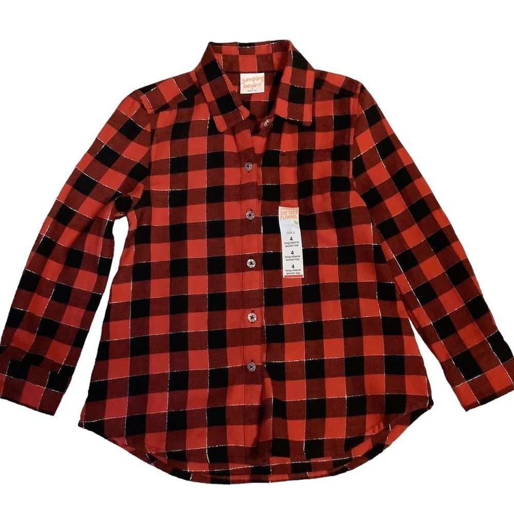 New Girls Size 4 Jumping Beans Red & Black Plaid Shirt with Long Sleeves